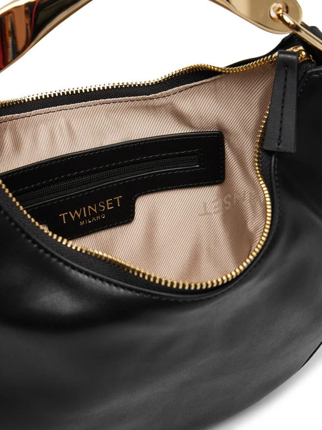 TWINSET Borsa Donna a Spalla Hobo Nera con Manico in Metallo e Tracolla