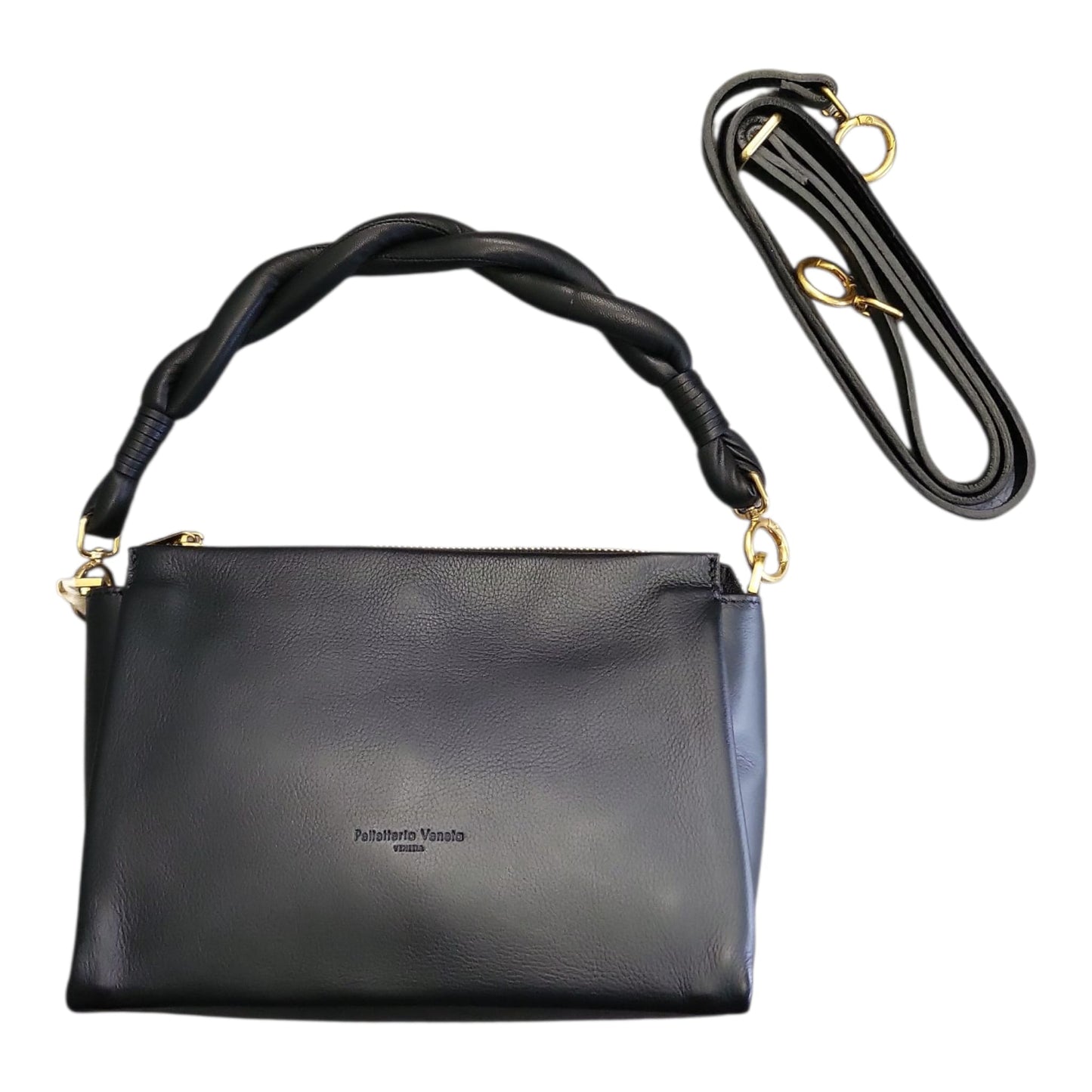 Pelletteria Veneta – Borsa Donna in Pelle Liscia Nera con Manico Intrecciato Imbottito e Tracolla Intercambiabile (24x18x10 cm)
