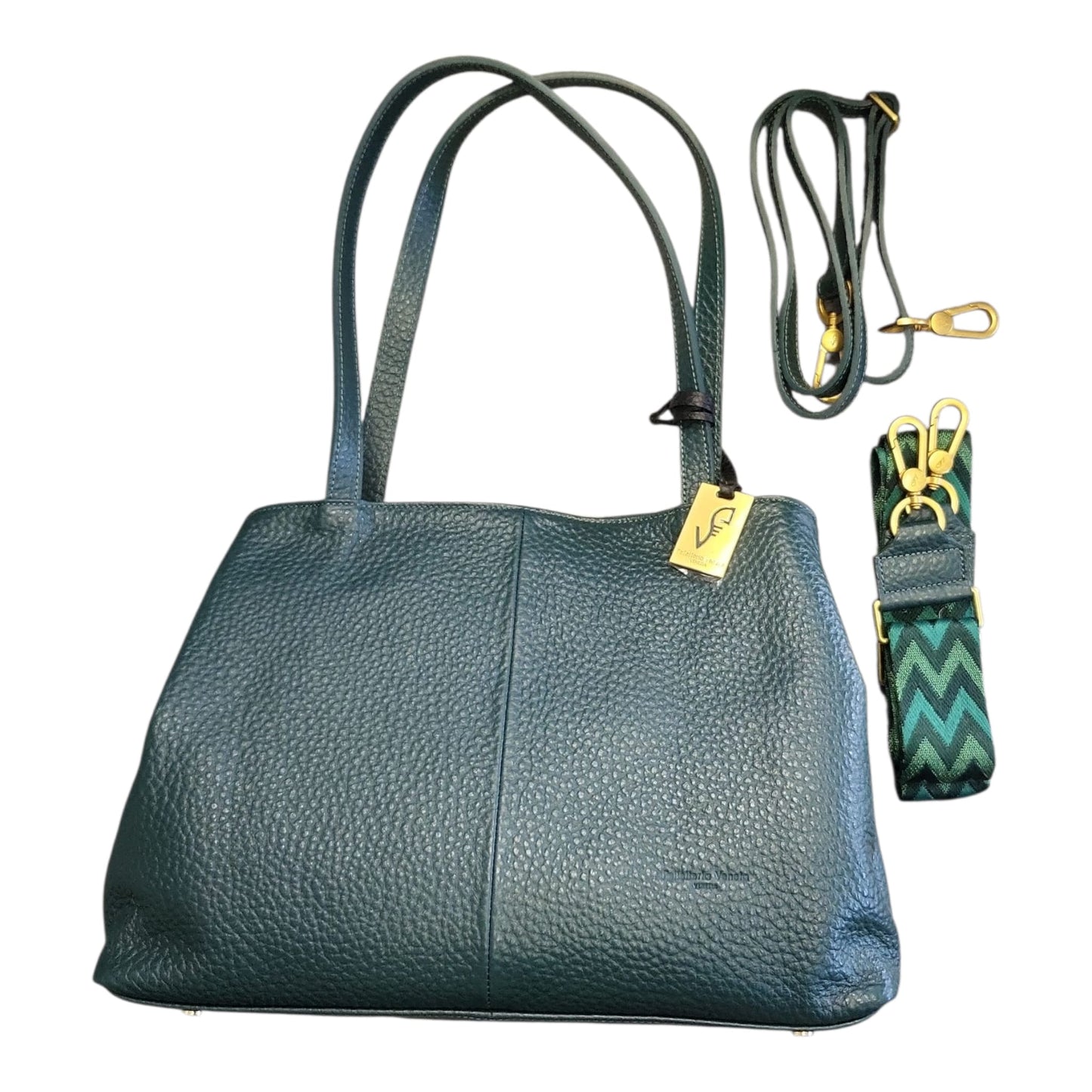 Pelletteria Veneta – Shopper Donna in Pelle Martellata Verde con 3 Scomparti e Doppia Tracolla (37x27x15 cm) – Made in Italy
