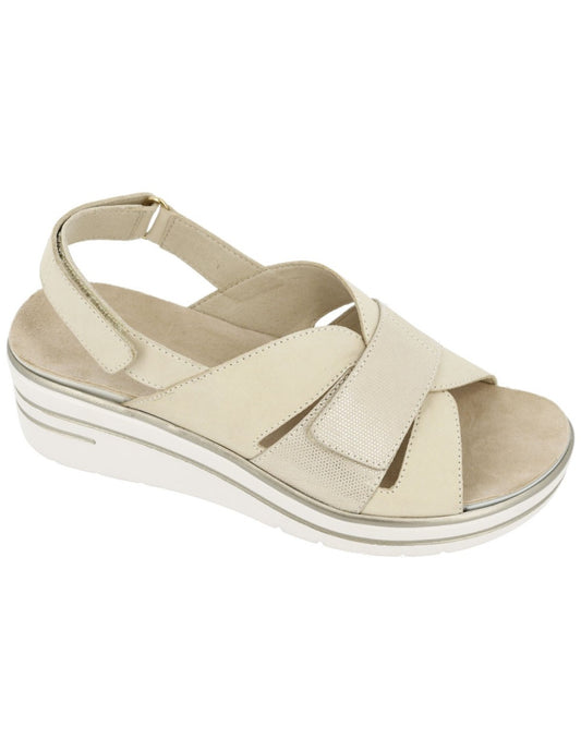 Sandalo Hergos Donna Pelle Extra Soft Zeppa Velcro Panna