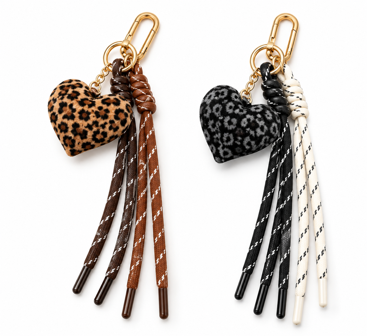 Portachiavi charm Caleidos CA195CH a cuore animalier marrone e nero, con cordoncini coordinati e moschettoni color oro