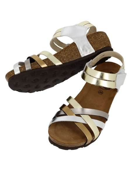 Sandalo Donna Bio Sabatini in Pelle Laminata Multi Platino – Fasce Incrociate e Plantare Memory System