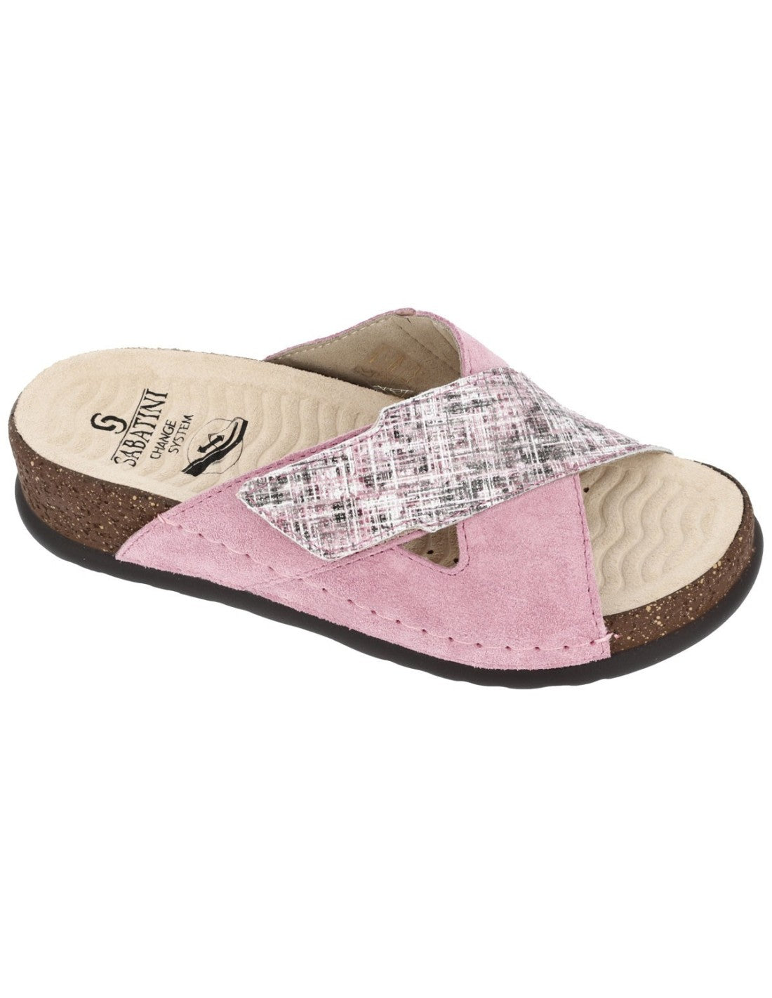 Ciabatta Donna Sabatini con Fasce Incrociate in Camoscio e Tweed – Soletta Anatomica Estraibile Lavabile