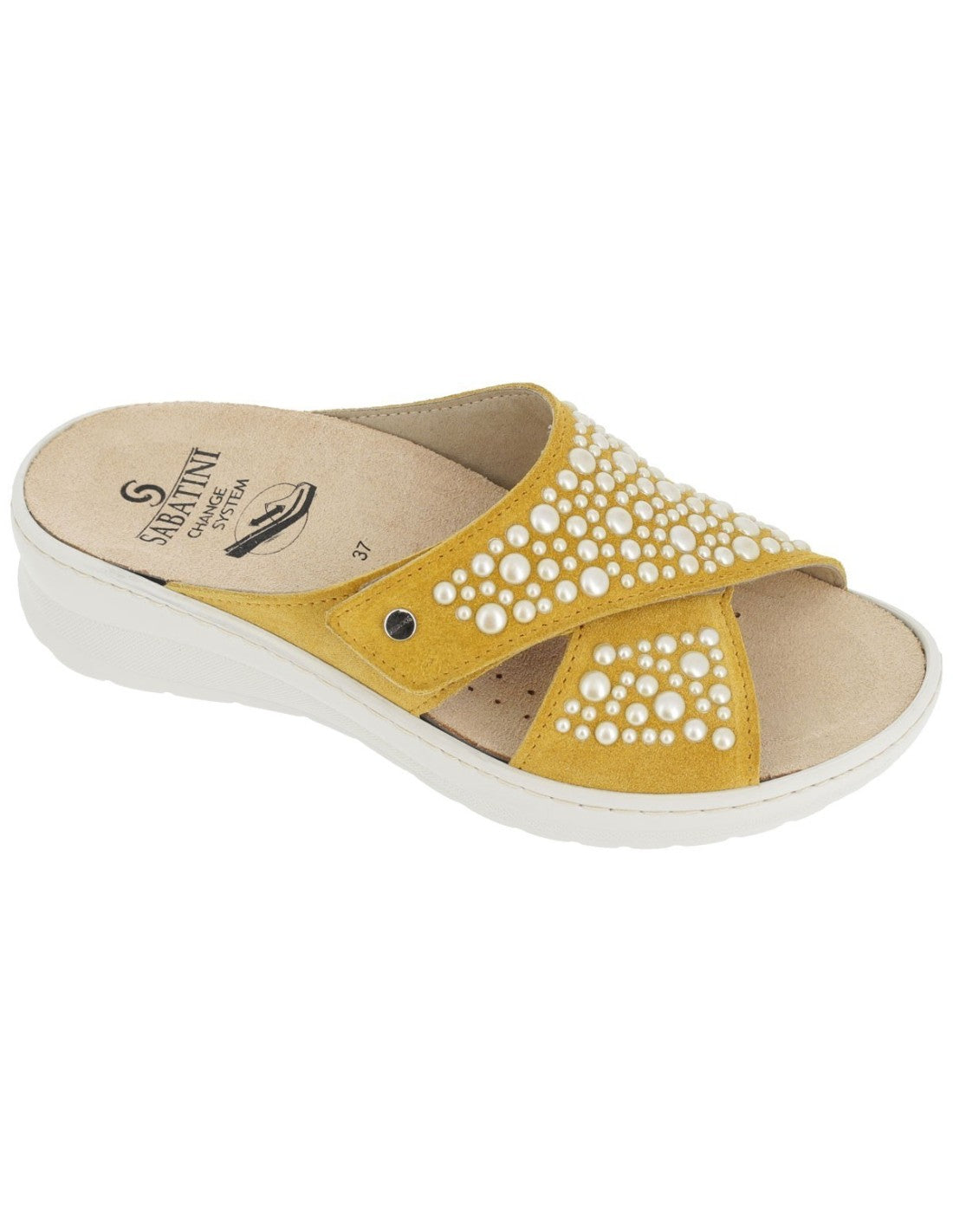 S3056P - Ciabatta Sabatini in pelle con applicazioni gioiello, plantare estraibile - Camoscio Giallo