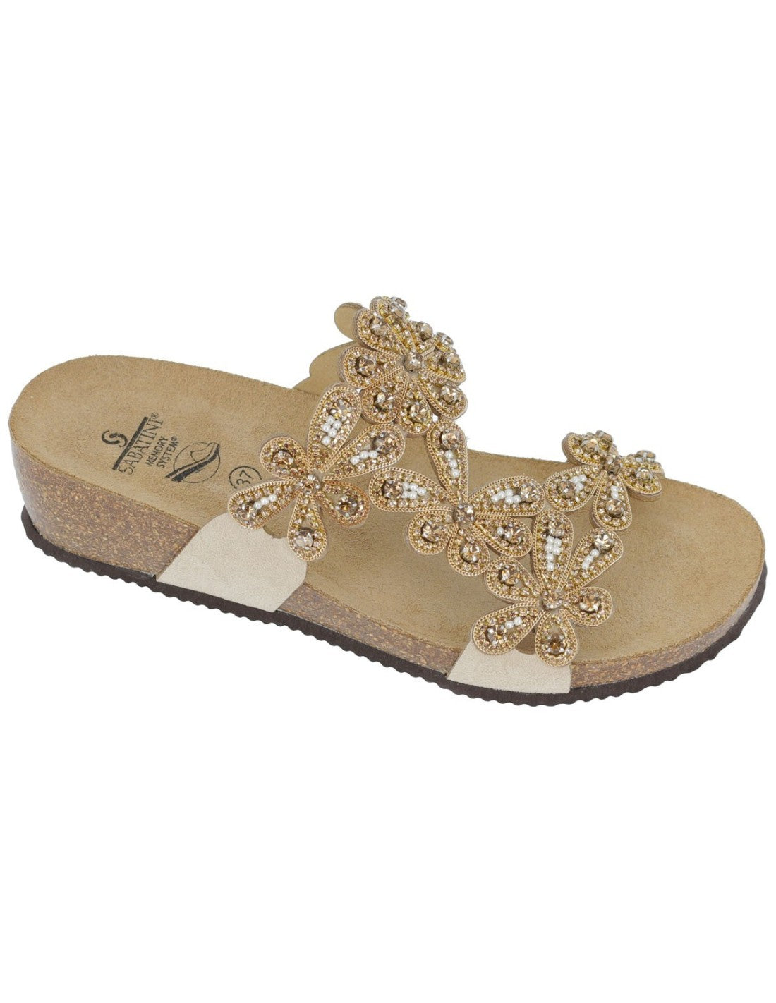 Ciabatta Gioiello Donna Sabatini con Applicazioni Floreali in Strass – Suola Sughero Memory Foam – 3 Colori