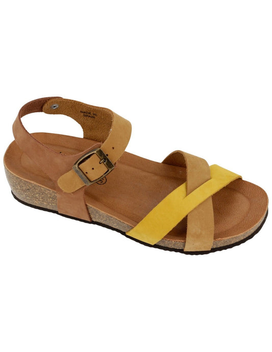 Sandalo Donna Sabatini in Nabuk Bicolore – Zeppa Sughero e Memory Foam – Camel Ocra