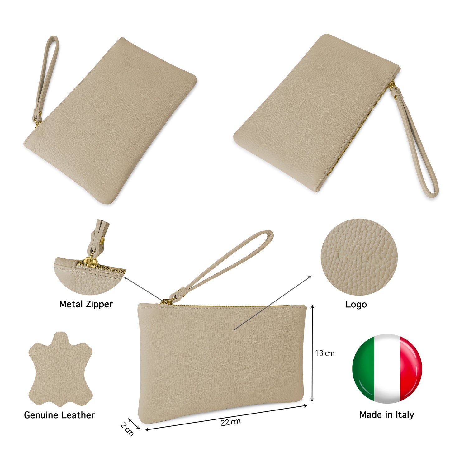 Pochette Donna a Mano, In Vera Pelle, Made in Italy, Modello Aura