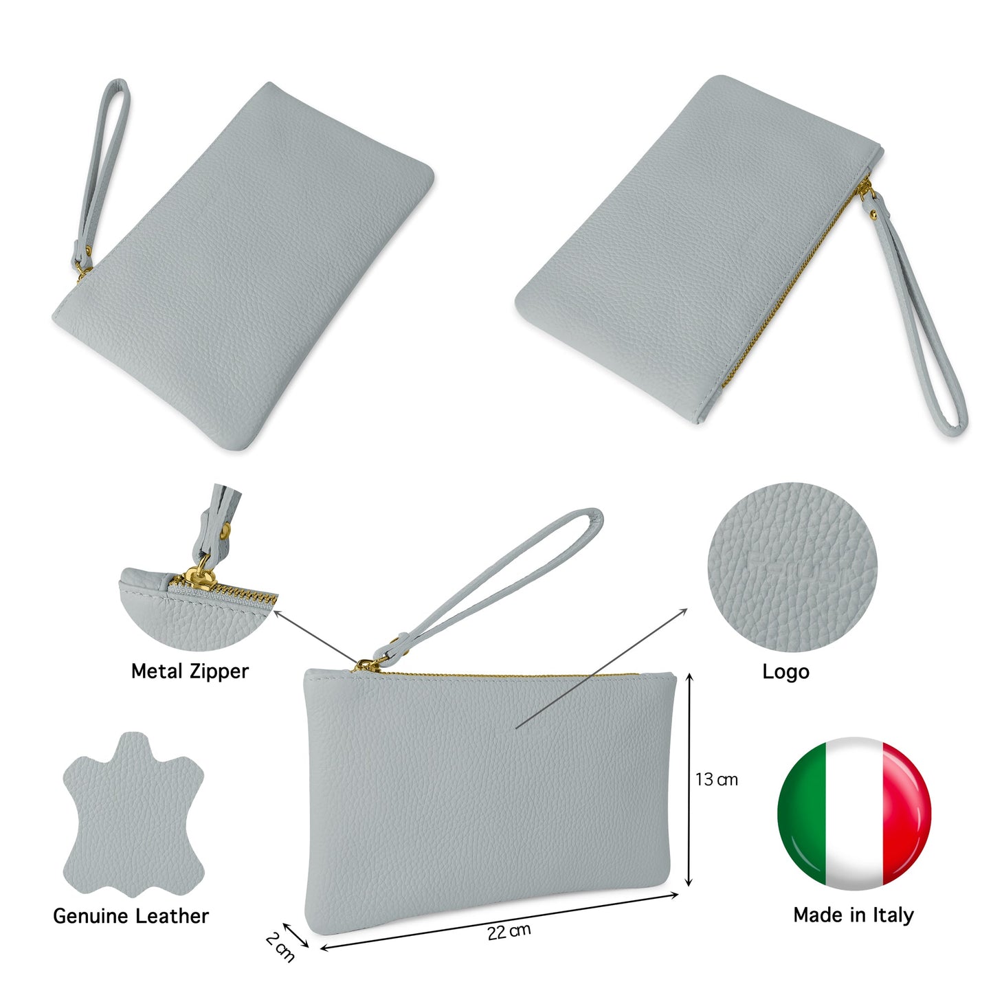 Pochette Donna a Mano, In Vera Pelle, Made in Italy, Modello Aura