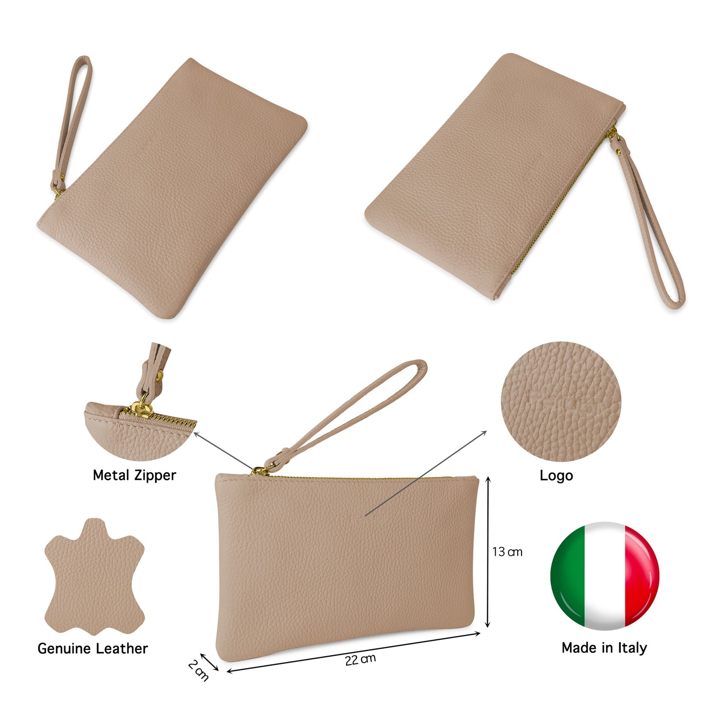 Pochette Donna a Mano, In Vera Pelle, Made in Italy, Modello Aura