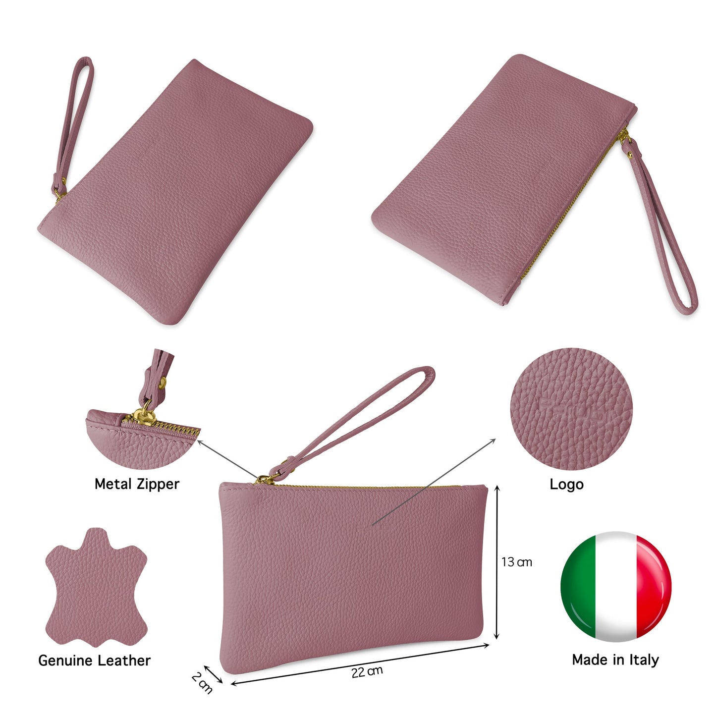 Pochette Donna a Mano, In Vera Pelle, Made in Italy, Modello Aura