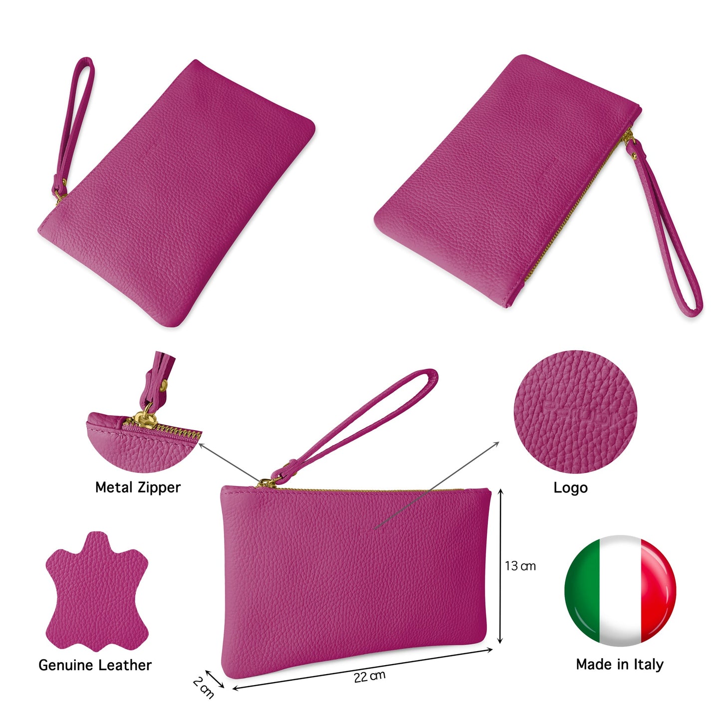 Pochette Donna a Mano, In Vera Pelle, Made in Italy, Modello Aura