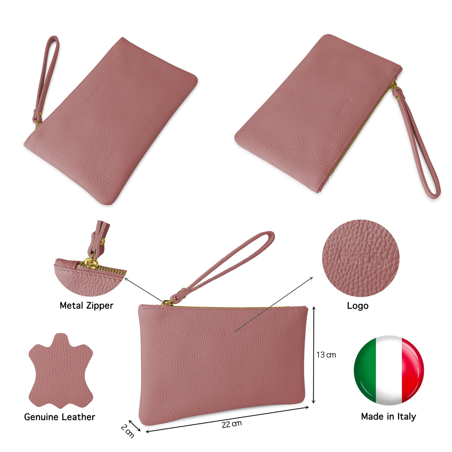 Pochette Donna a Mano, In Vera Pelle, Made in Italy, Modello Aura