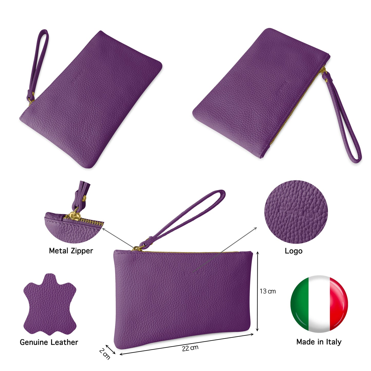 Pochette Donna a Mano, In Vera Pelle, Made in Italy, Modello Aura