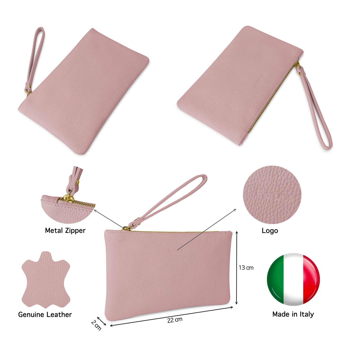 Pochette Donna a Mano, In Vera Pelle, Made in Italy, Modello Aura