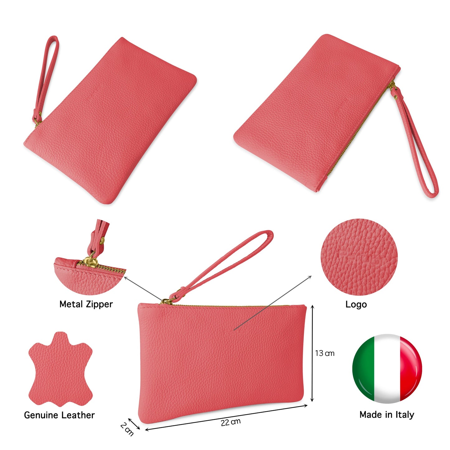 Pochette Donna a Mano, In Vera Pelle, Made in Italy, Modello Aura