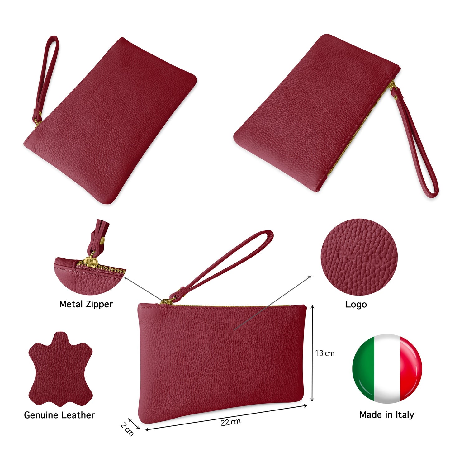 Pochette Donna a Mano, In Vera Pelle, Made in Italy, Modello Aura