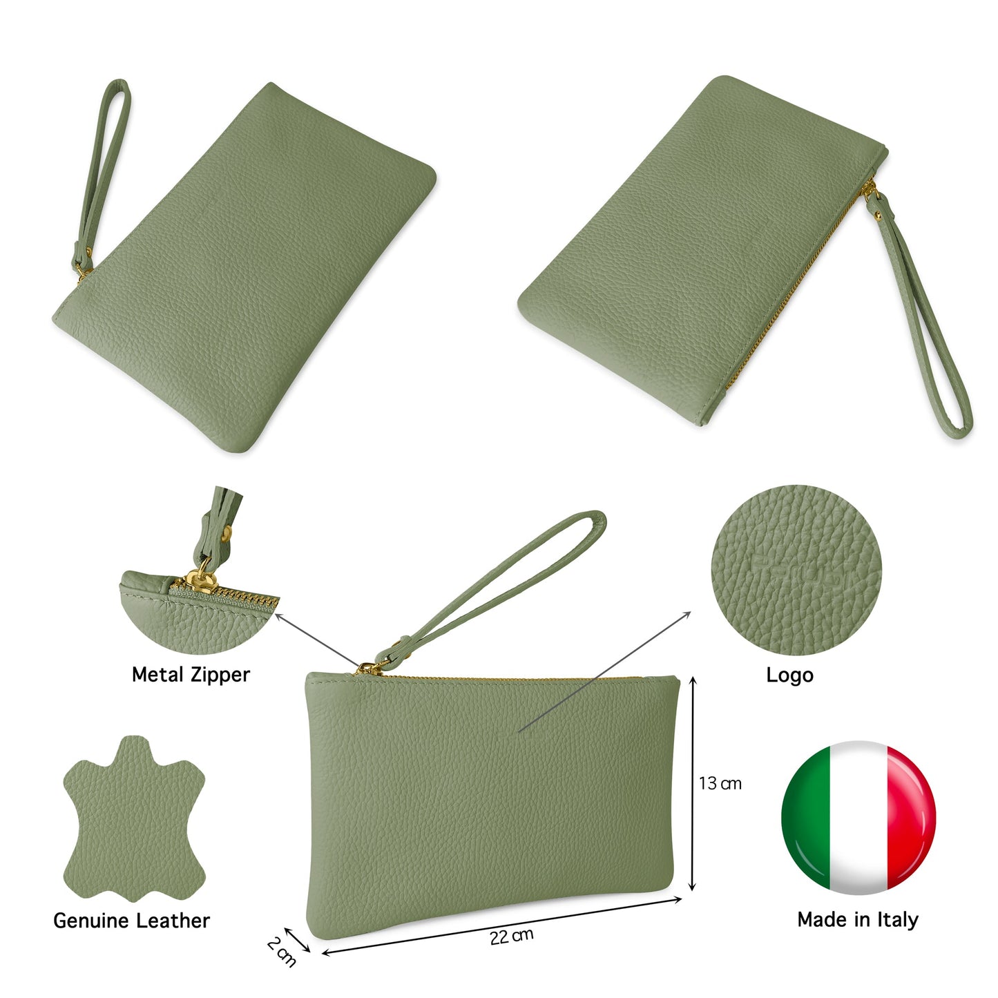 Pochette Donna a Mano, In Vera Pelle, Made in Italy, Modello Aura