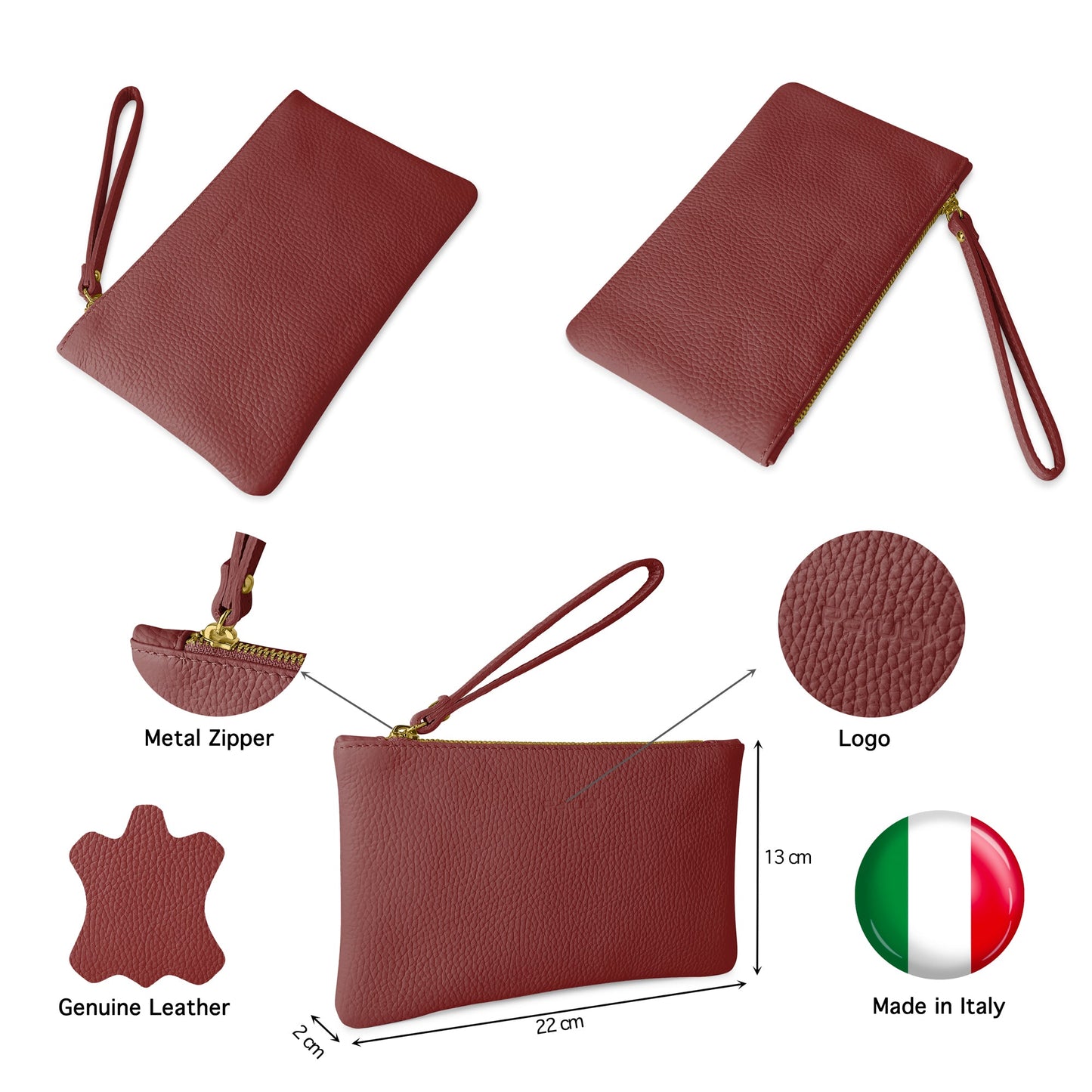 Pochette Donna a Mano, In Vera Pelle, Made in Italy, Modello Aura