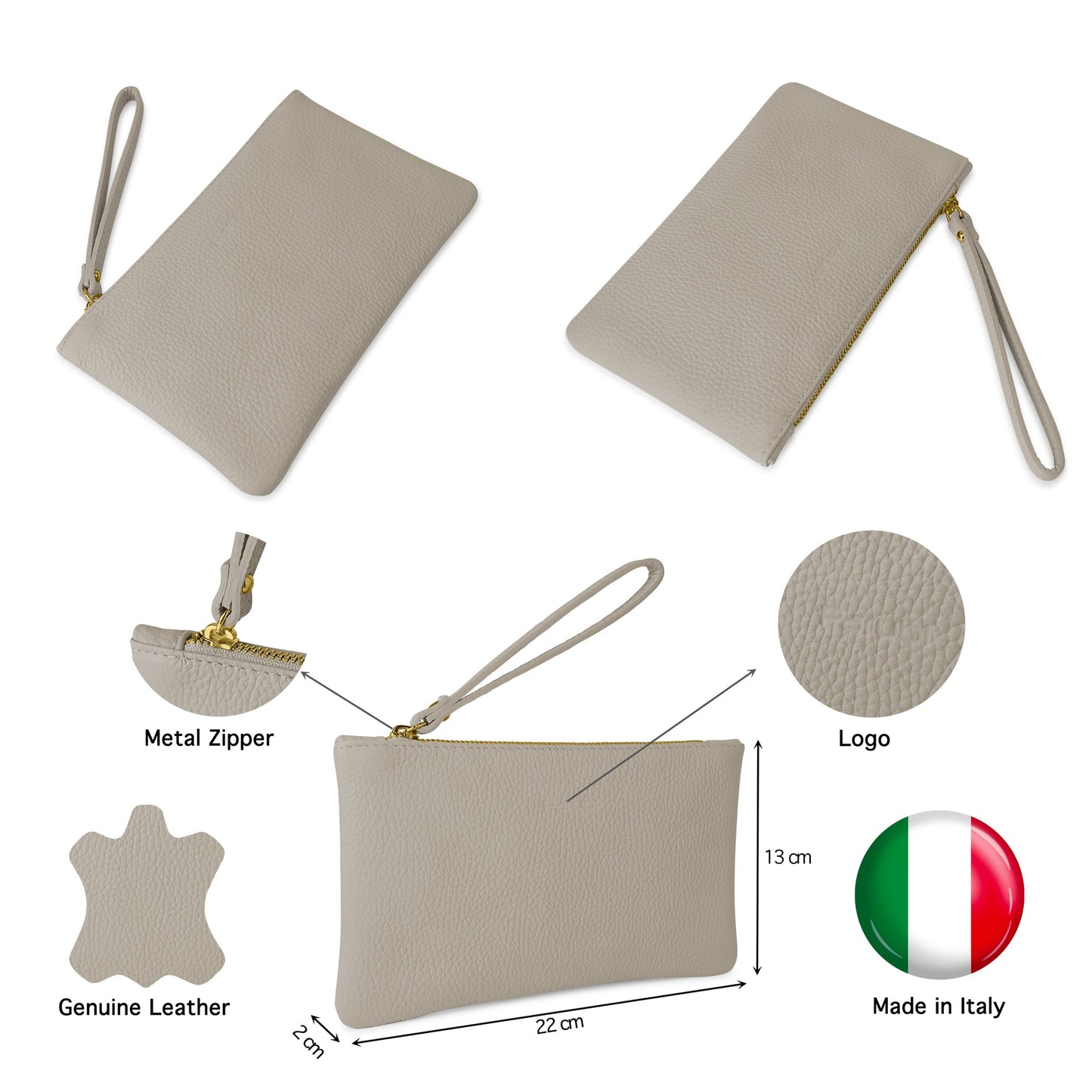 Pochette Donna a Mano, In Vera Pelle, Made in Italy, Modello Aura