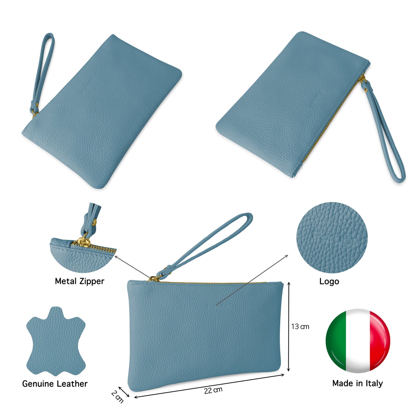 Pochette Donna a Mano, In Vera Pelle, Made in Italy, Modello Aura