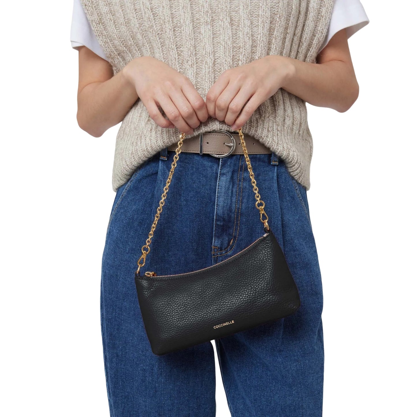 COCCINELLE Borsa Donna Nera con Catena e Tracolla Regolabile, In Vera Pelle, Aura