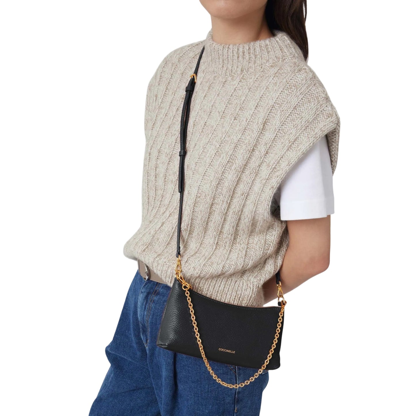 COCCINELLE Borsa Donna Nera con Catena e Tracolla Regolabile, In Vera Pelle, Aura