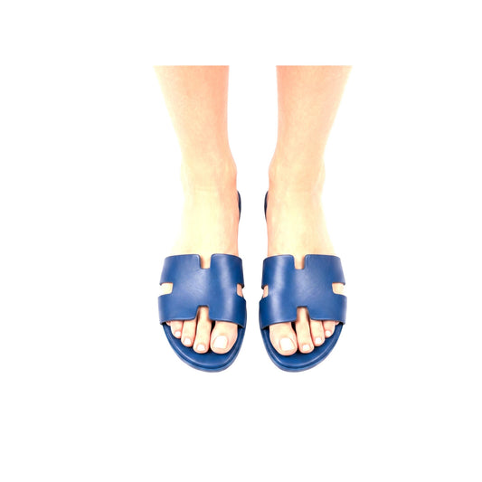 PUGLIA - Sandali a Ciabatta ad H In Vera Pelle Blu Donna Made in Italy
