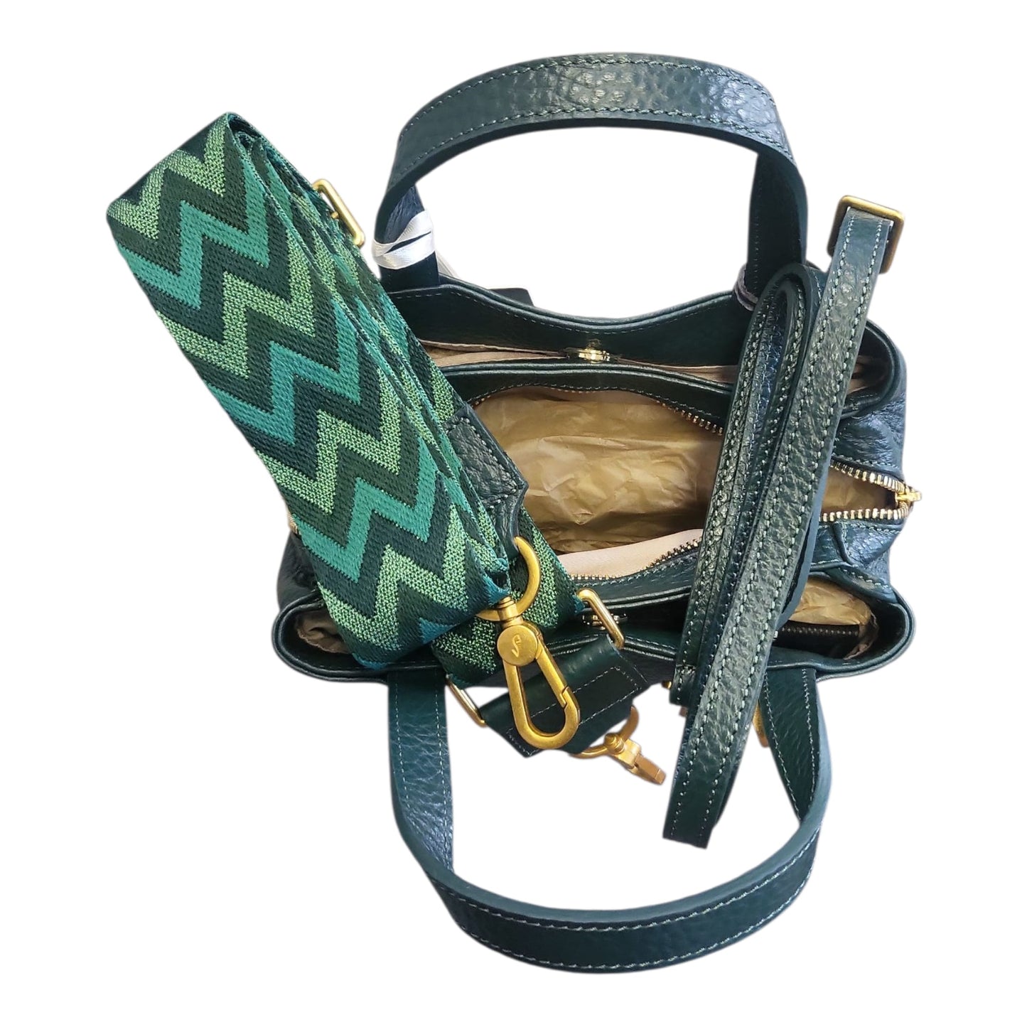 Pelletteria Veneta – Borsa a Mano Donna in Pelle Martellata con Tracolla Verde Bottiglia (22x17x11 cm) – Made in Italy