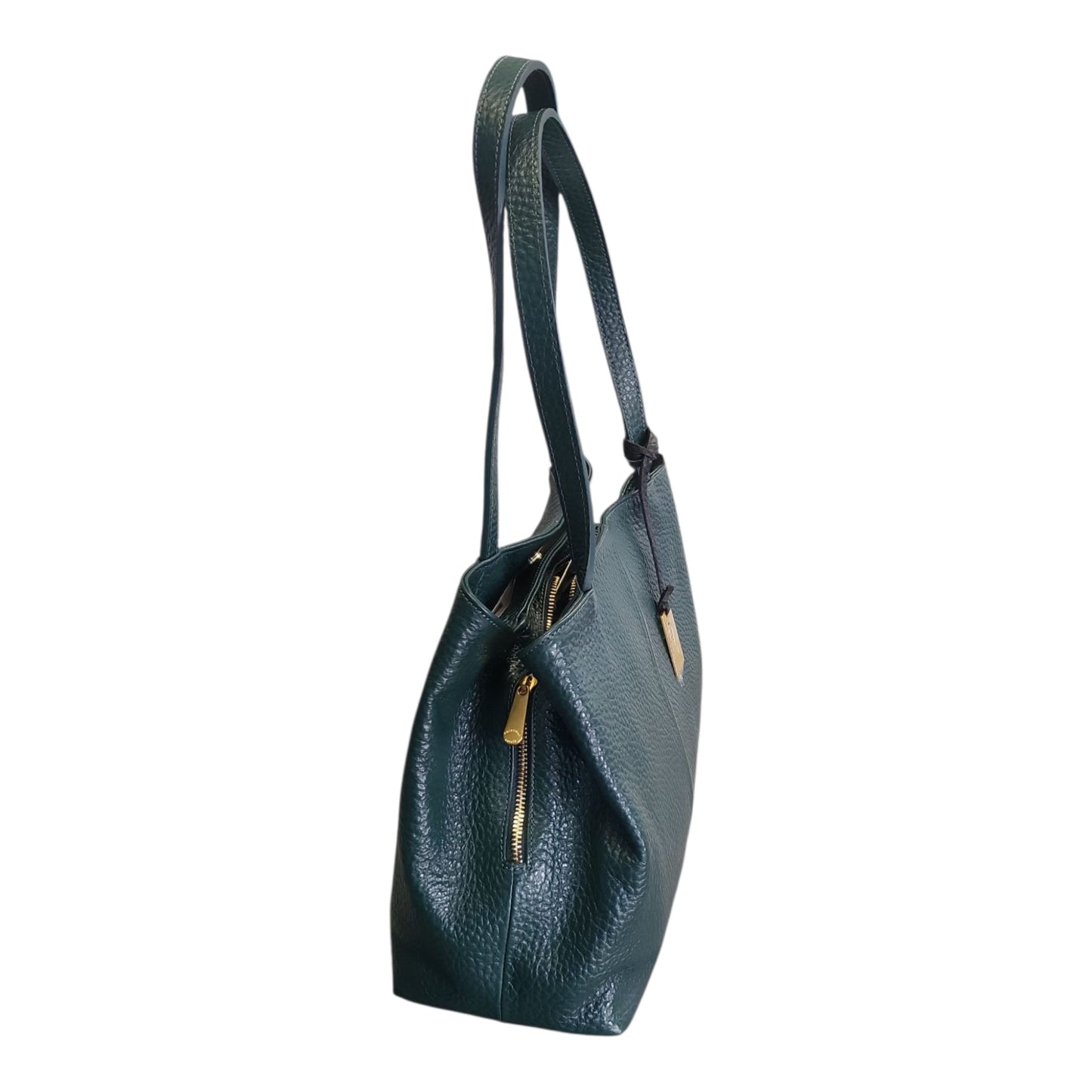 Pelletteria Veneta – Shopper Donna in Pelle Martellata Verde con 3 Scomparti e Doppia Tracolla (37x27x15 cm) – Made in Italy