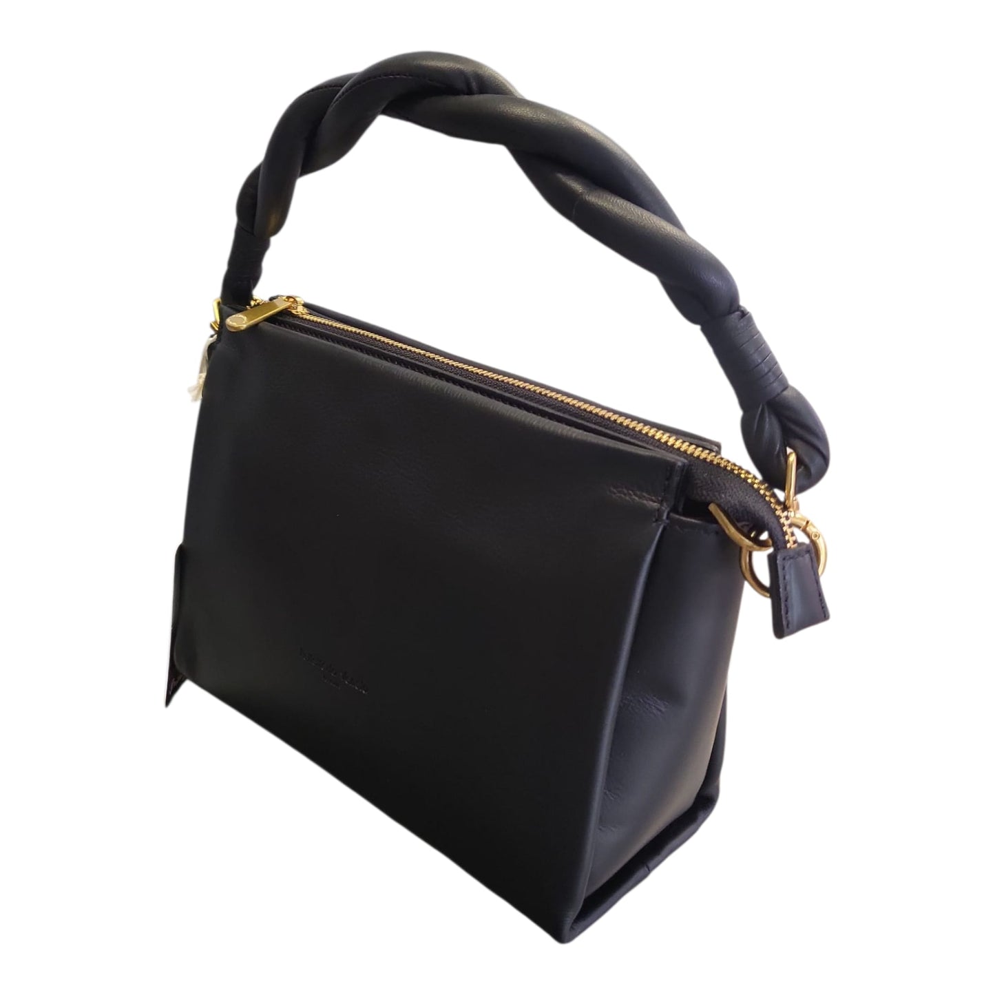 Pelletteria Veneta – Borsa Donna in Pelle Liscia Nera con Manico Intrecciato Imbottito e Tracolla Intercambiabile