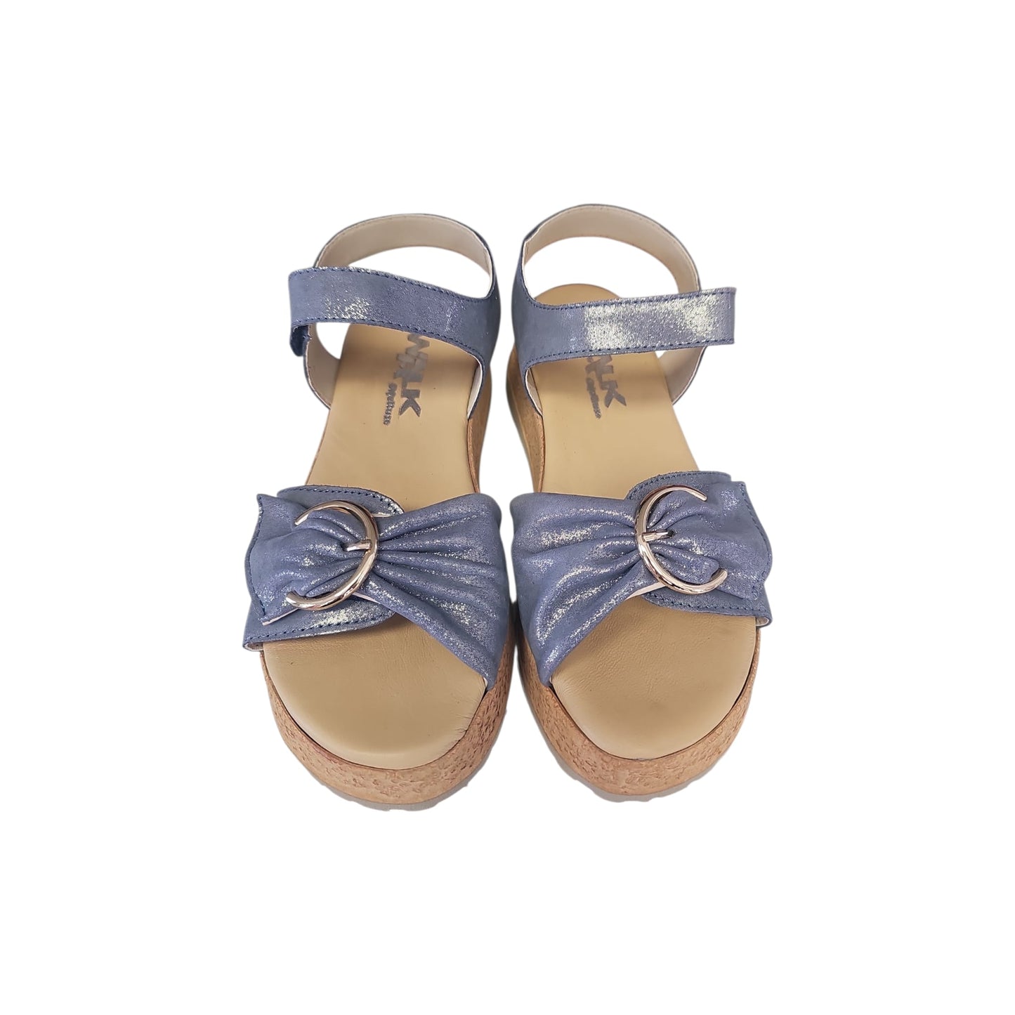 Sandalo Melluso Donna Pelle Azzurro Polvere Laminato Fibbia Zeppa Ammortizzata