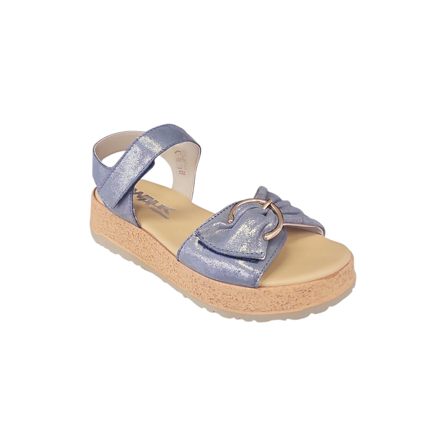 Sandalo Melluso Donna Pelle Azzurro Polvere Laminato Fibbia Zeppa Ammortizzata