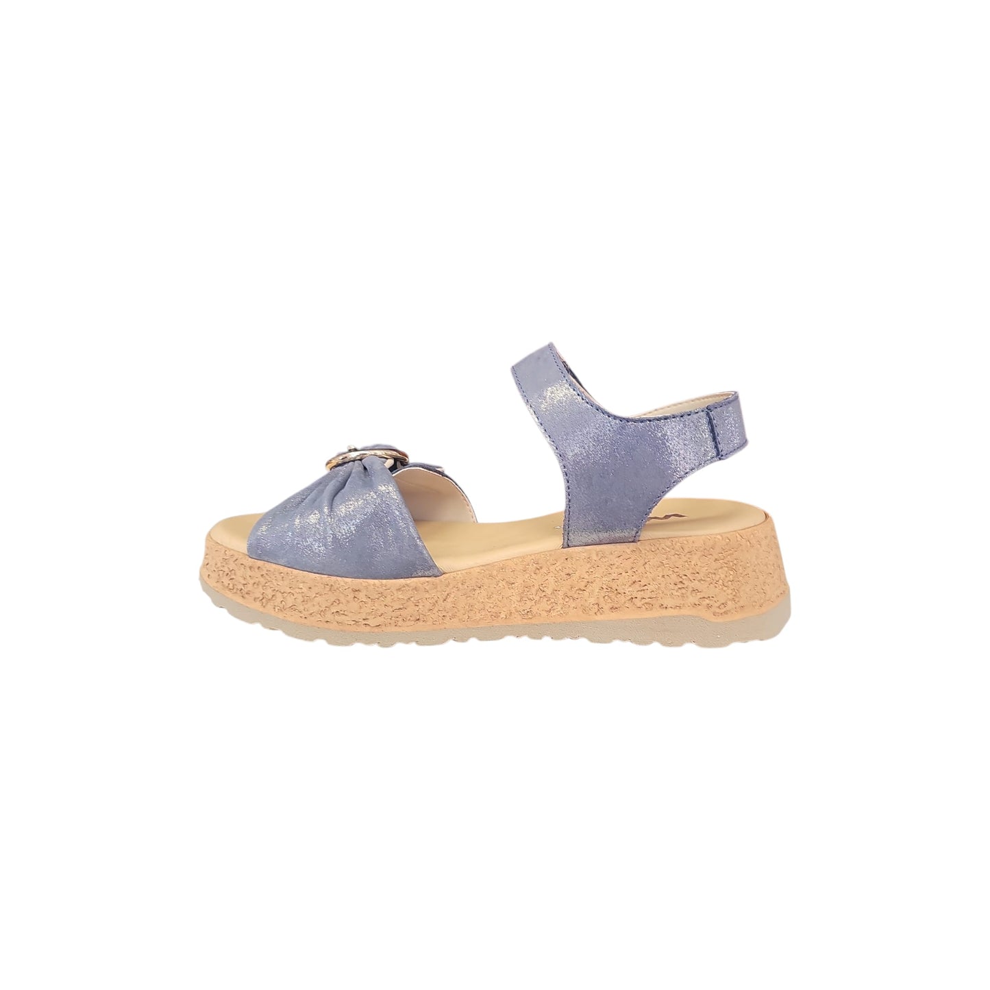 Sandalo Melluso Donna Pelle Azzurro Polvere Laminato Fibbia Zeppa Ammortizzata
