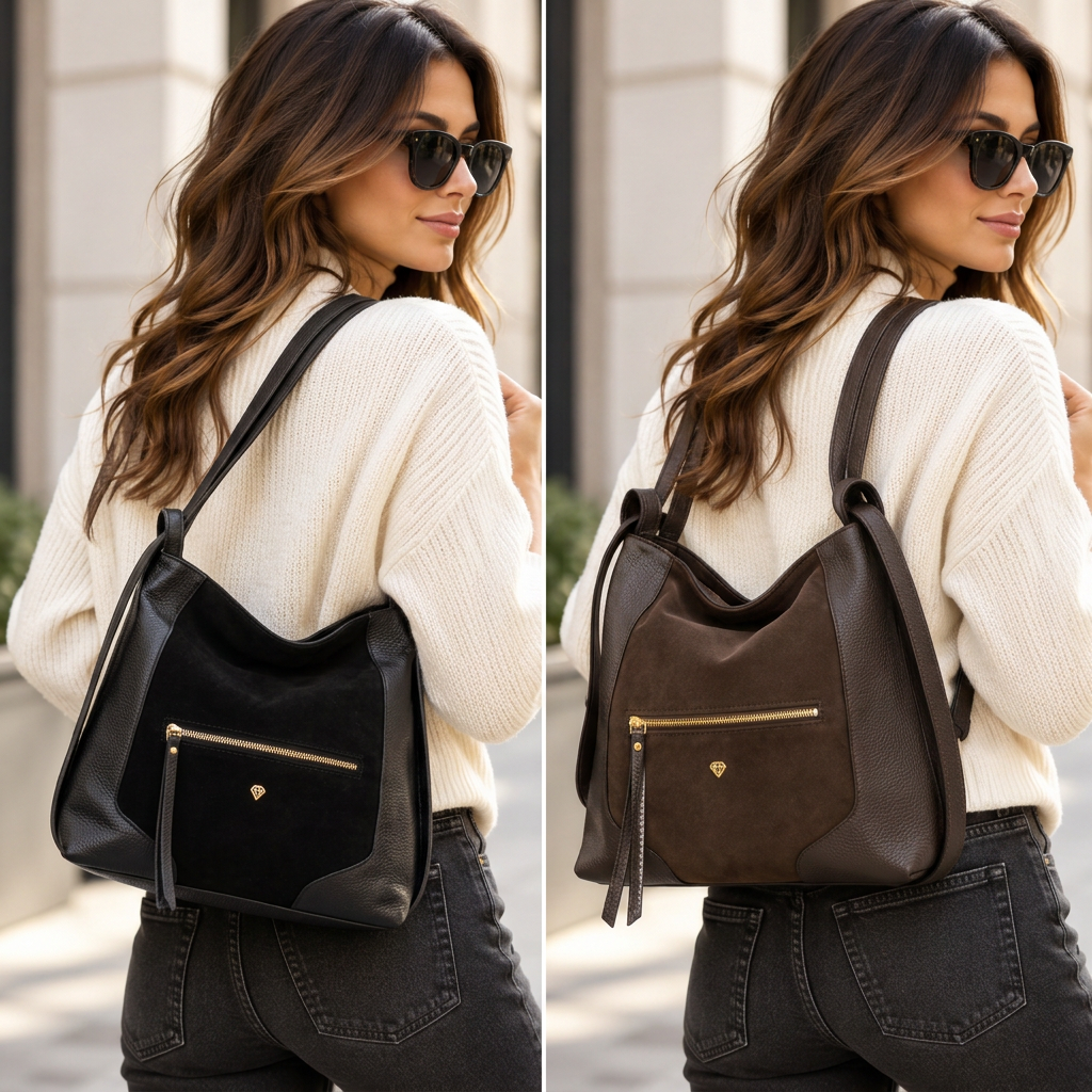 Borsa Caleidos nera e Brown indossate nello stile della foto di riferimento