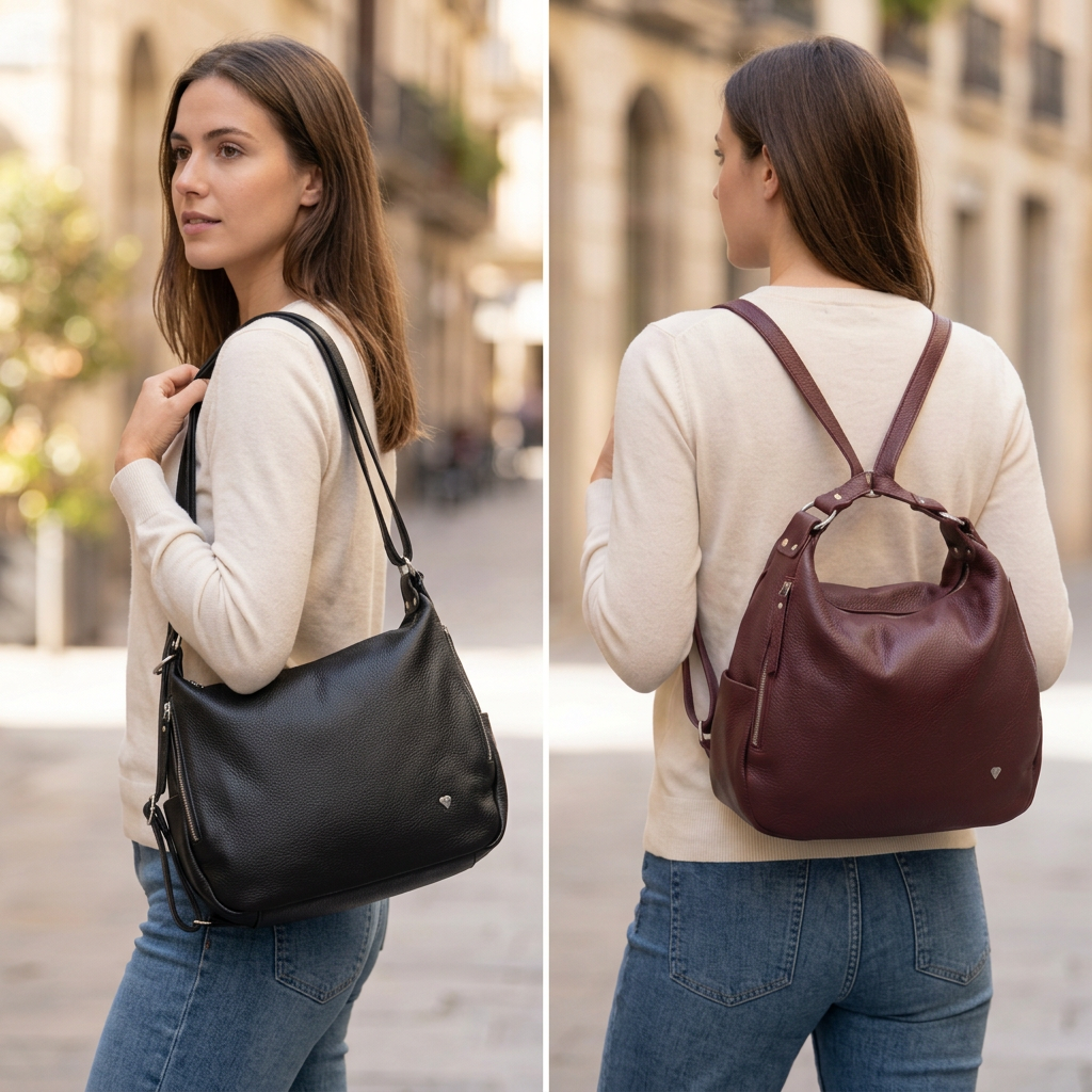 Borsa nera a spalla e bordeaux come zaino, affiancate