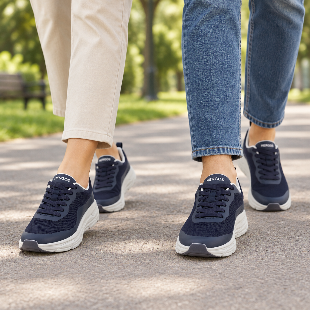 Coppia che cammina con le stesse sneakers Hergos Shanghai blu