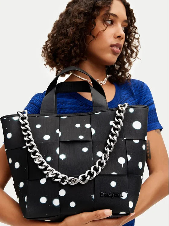 DESIGUAL Borsa Donna Nera a Mano e Spalla con Tracolla Catena