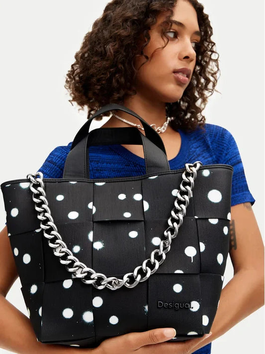 DESIGUAL Borsa Donna Nera a Mano e Spalla con Tracolla Catena
