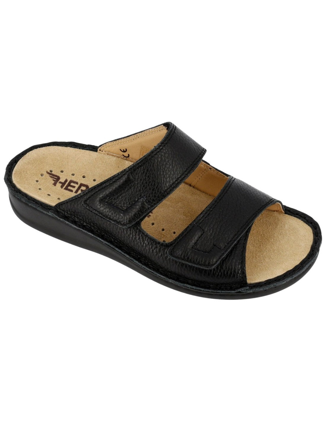 Hergos H440 – Ciabatta Uomo in Vera Pelle | Doppia Fascia Regolabile | Plantare Estraibile | Nero
