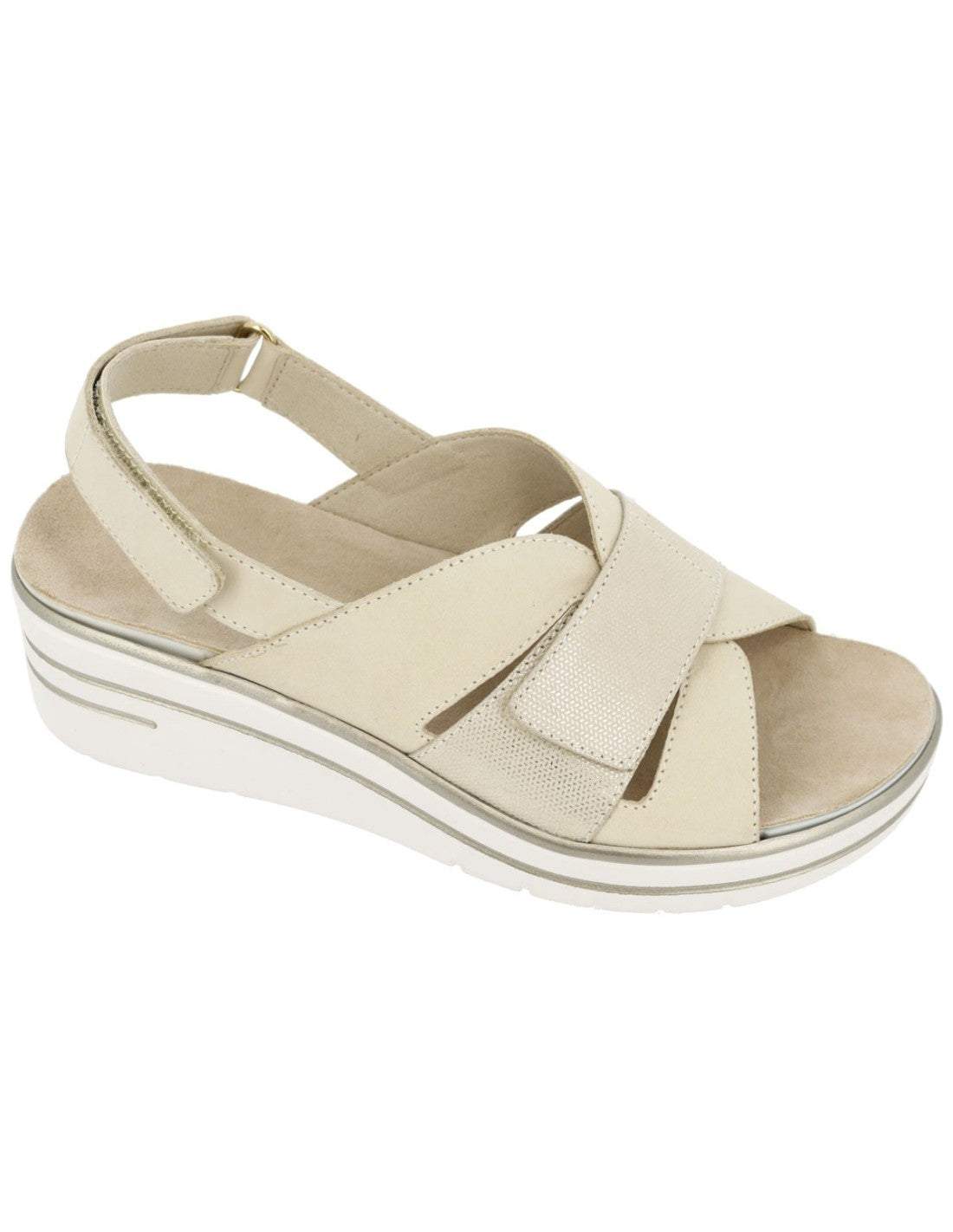 Sandalo Hergos Donna Pelle Extra Soft Zeppa Velcro Panna