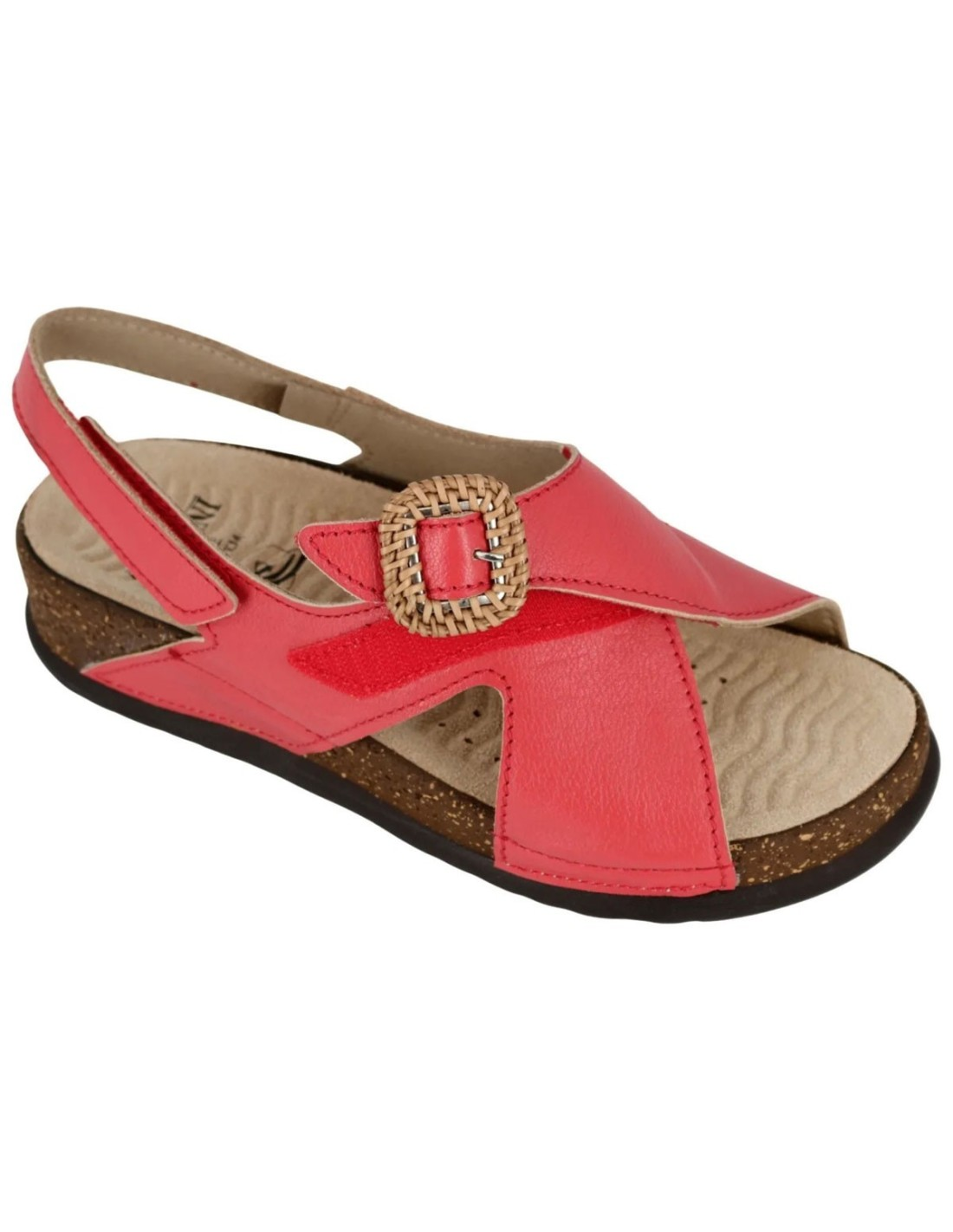 Sandalo Donna Sabatini Koala Rosso – Pelle Extra Soft, Fibbia Rafia e Plantare Estraibile