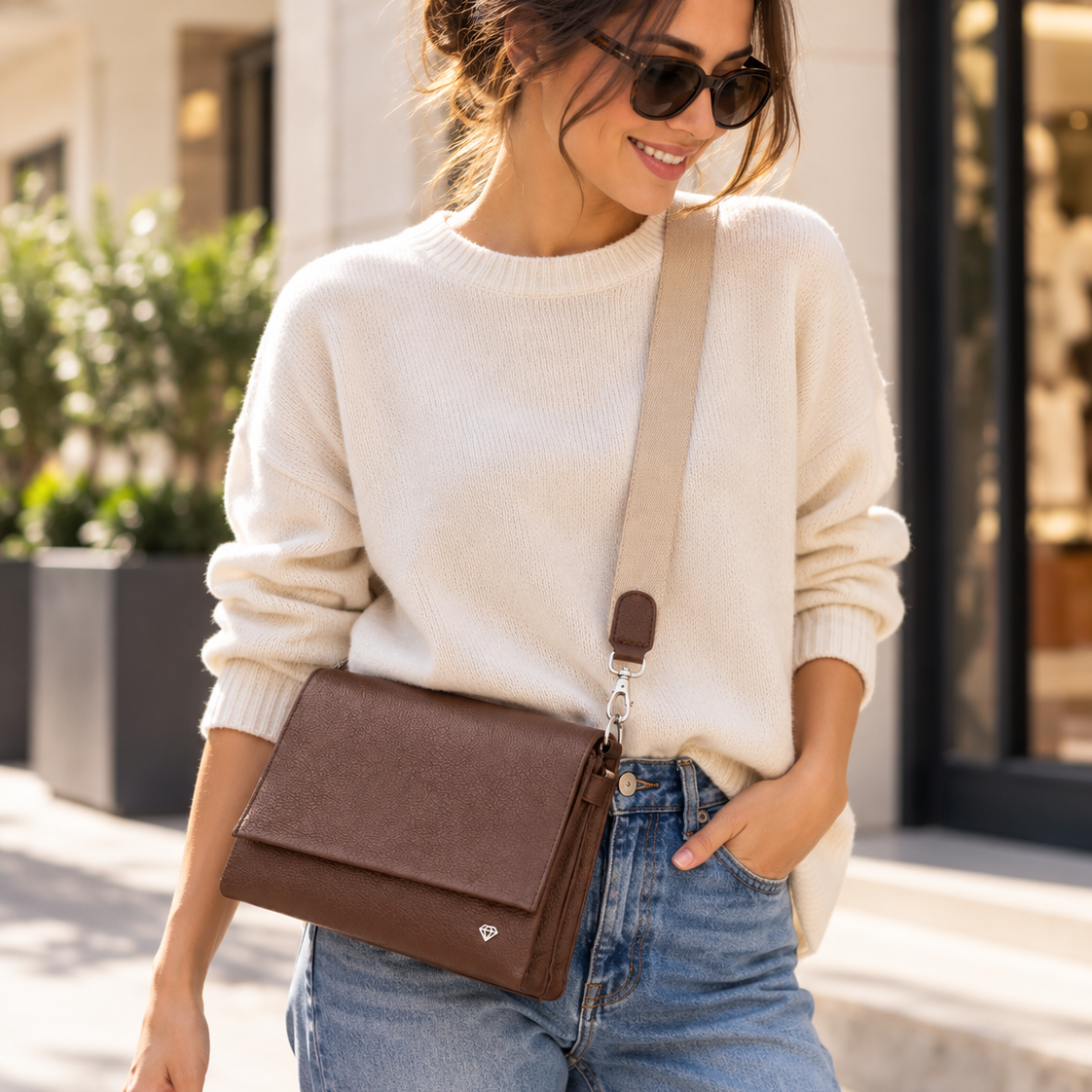 Borsa a tracolla Caleidos in pelle marrone indossata con maglia chiara e jeans