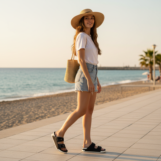 Ciabatta ortopedica donna Hergos H2122NC nera indossata in spiaggia