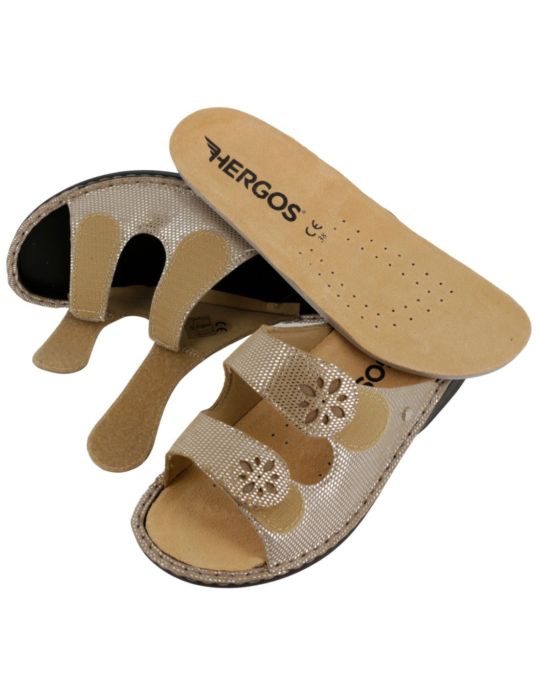 Ciabatta  Hergos in pelle con doppia fascia regolabile e plantare estraibile - Sirio Beige
