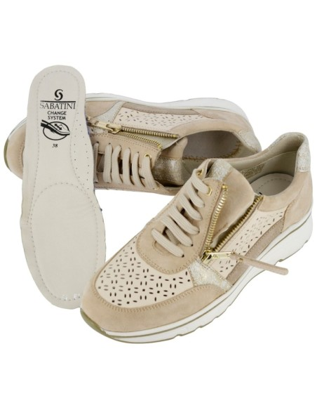 Sneaker Sabatini S6020 Sabbia – vista tre quarti con soletta Change System estraibile e zip dorata