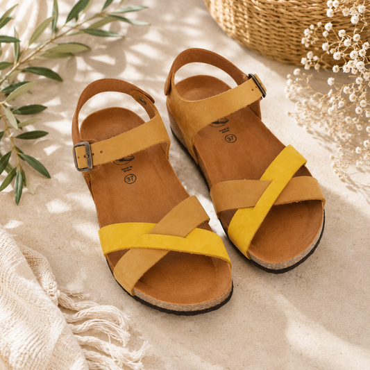 Sandalo Sabatini 4032 Nabuk Camel Ocra – lifestyle su sabbia con fiori e cesto