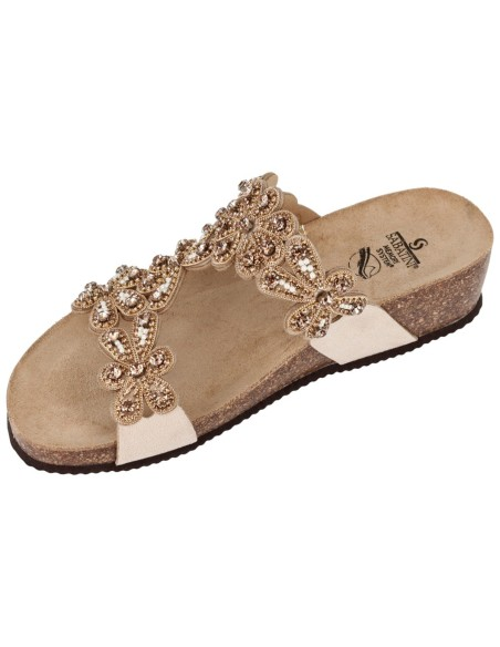 Ciabatta Sabatini S6053 Butterfly Oro – vista laterale con suola sughero e Memory Foam