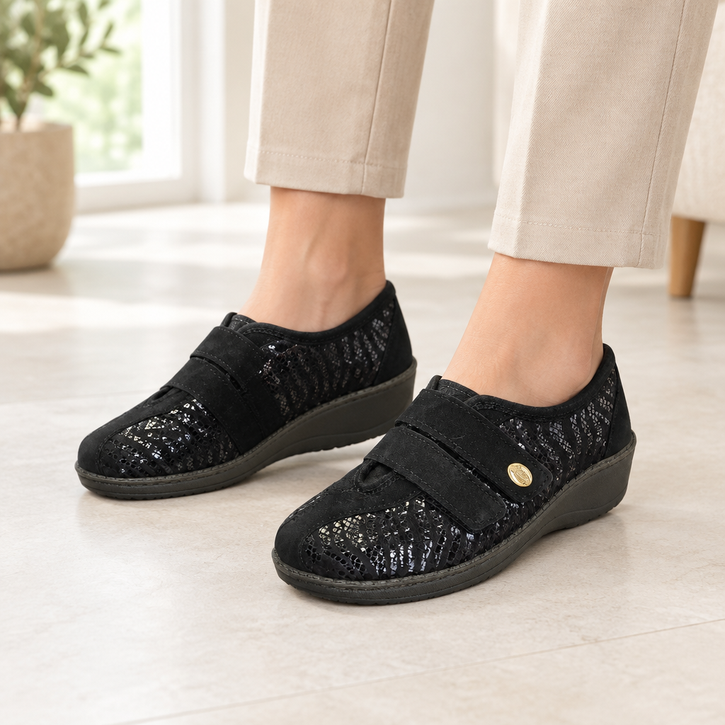 Scarpe Melissa Rettile nere indossate con pantaloni beige