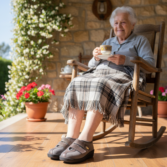 Nonna in veranda sul dondolo con scarpe comfort Melissa Paese grigio
