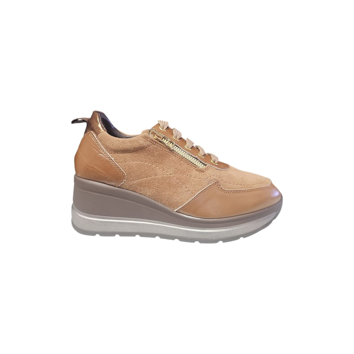 Sneaker Melluso R25566 beige tortora, vista laterale con cerniera dorata